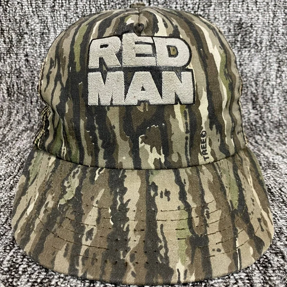 Vintage Red Man Tobacco Hat Camo Trucker TreBark Camouflage Mesh Cap VTG